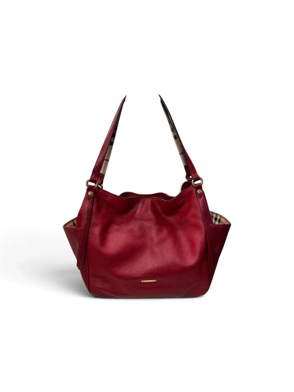 Burberry Leather Small Canterbury Bag in Military Red w/ Signature Check Trim